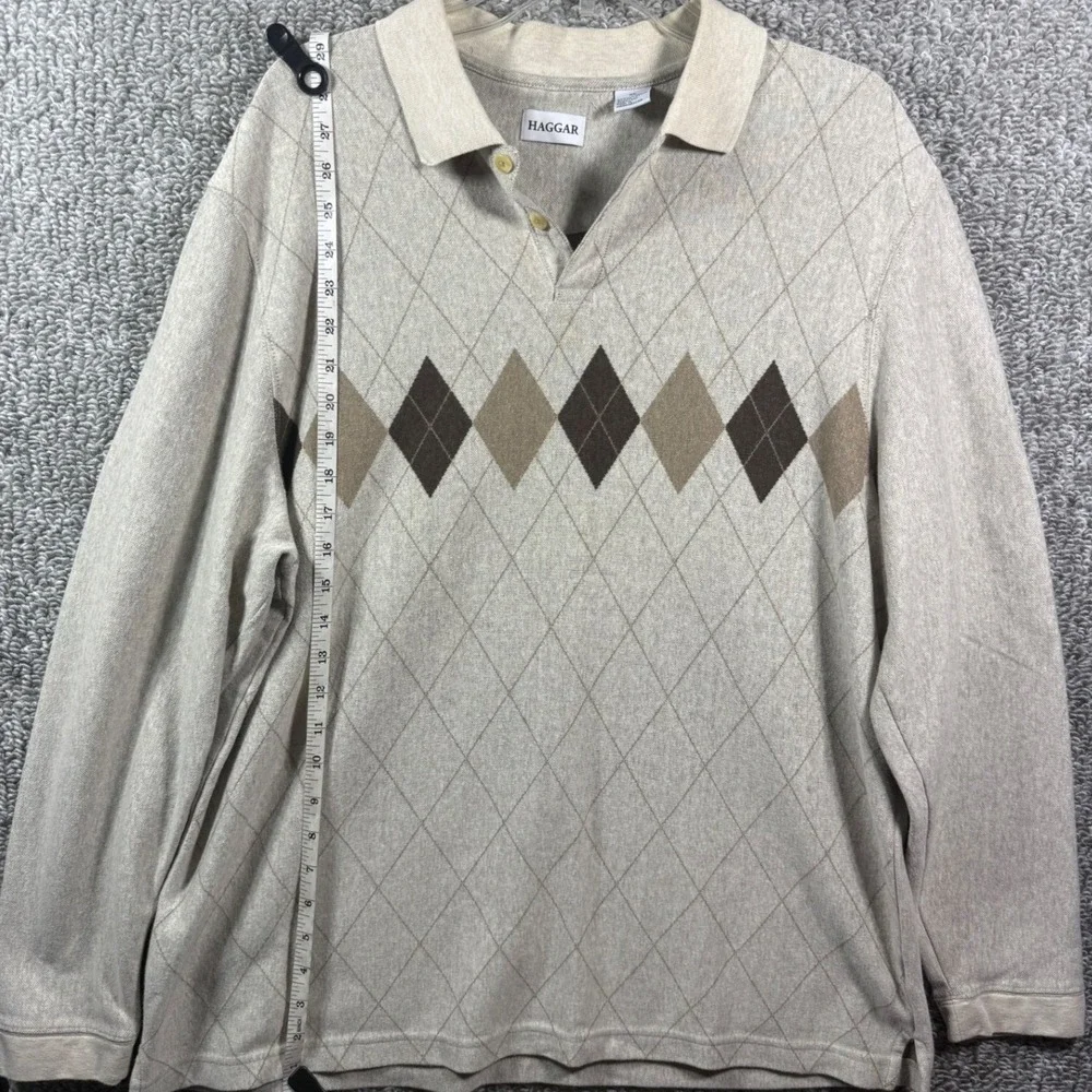Haggar Argyle Polo Sweater Long Sleeve Beige Brown Golf Pullover - Mens‎ XL